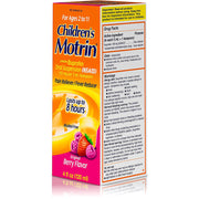 Side view of Children's Motrin Ibuprofen Liquid Oral Suspension Berry Flavor box, highlighting fever, pain relief, and child-friendly design.