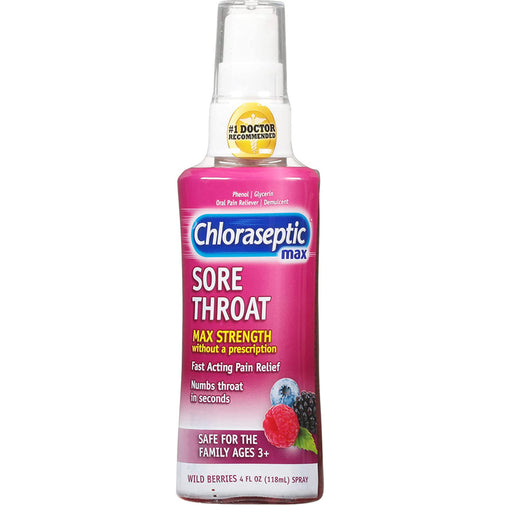 Chloraseptic Max Relief Sore Throat Spray Wild Berry 4 oz for powerful throat relief and oral health support.