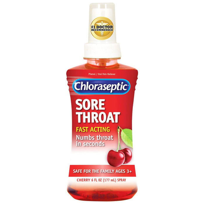 Chloraseptic Sore Throat Cherry Spray 6 oz for fast-acting relief and throat health support.