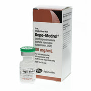 Depo-Medrol Methylprednisolone Acetate 80 mg vial used for inflammation reduction, arthritis management, and treating severe allergic reactions.