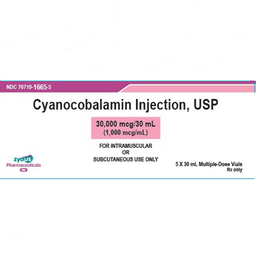 Buy Zydus pharmaceuticals Cyanocobalamin for Injection (Vitamin B12 Complex) 1000mcg per mL Multiple Dose 30mL Vial, 5/Pack (Rx)  online at Mountainside Medical Equipment