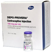 Depo-Provera Injection 150 mg syringe, used for long-lasting birth control, aids in hormonal regulation and menstrual cycle management.