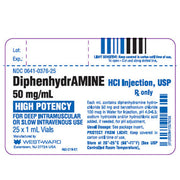 Diphenhydramine Injection 50 mg label detailing antihistamine dosage information for rapid allergic reaction and symptom relief in medical use.