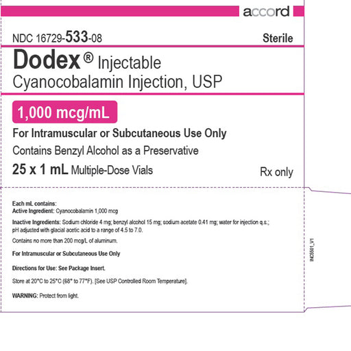 Buy Accord Healthcare Dodex Cyanocobalamin (Vitamin B12) for Injection 1000 mcg/ml Multiple Dose Vials 1mL, 25/Tray (Rx)  online at Mountainside Medical Equipment