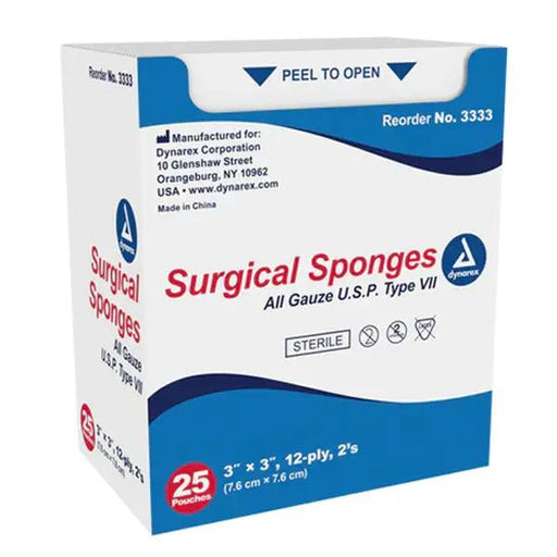 Dynarex Dynarex Sterile Gauze Sponges 3" x 3", 12-Ply thick, 25/Box | Mountainside Medical Equipment 1-888-687-4334 to Buy