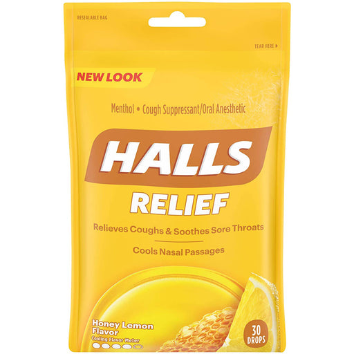 Halls Cough Drop Lozenges Honey Lemon Flavor 30 Count for soothing cough relief and respiratory health.