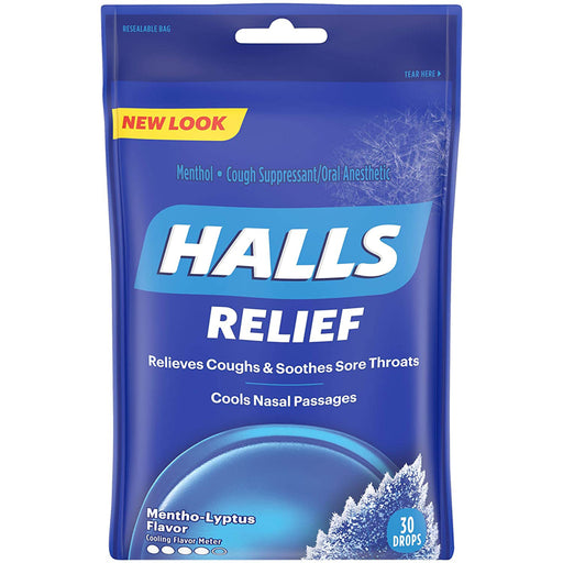 Halls Cough Drop Lozenges Mentho Lyptus Flavor 30 Count for soothing cough relief and respiratory support.