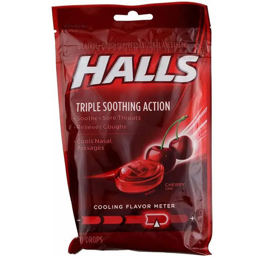 Cherry-flavored Halls Cough Drops Lozenges, 30 count, for soothing relief and enhanced respiratory health