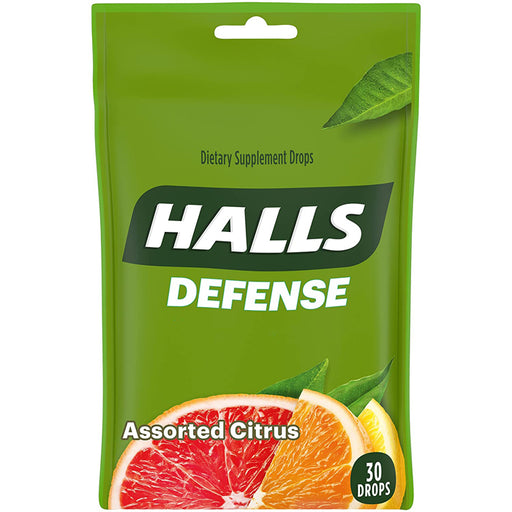 Halls Defense Cough Drops with Vitamin C, Assorted Citrus Flavor 30 Count for immunity and throat support.