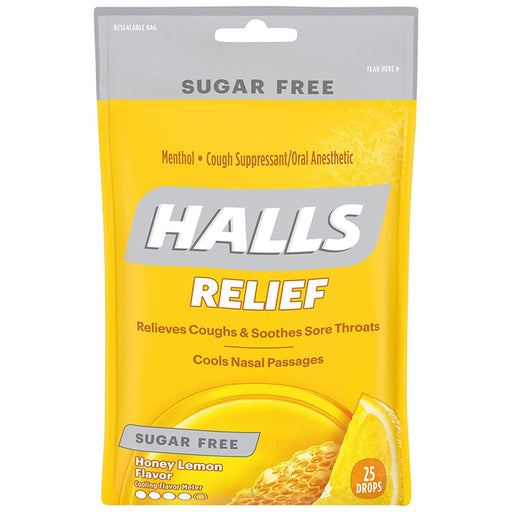 Cough Drops | Halls Sugar Free Triple Action Soothing Cough Drops, Honey Lemon 25 Count