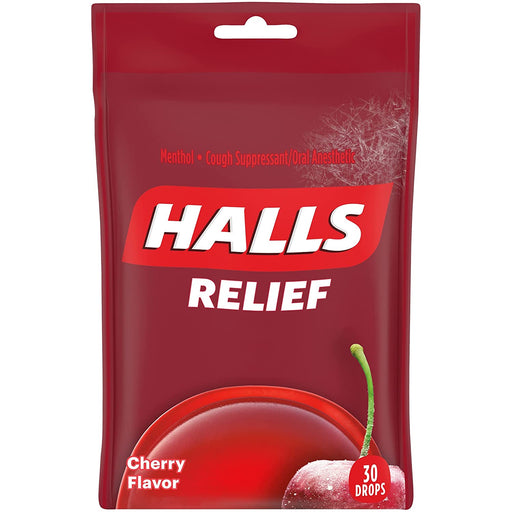 Cherry-flavored Halls Cough Drops Lozenges, 30 count, for soothing relief and enhanced respiratory health