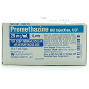 Promethazine HCL for Injection 25 mg vials on a hospital tray, crucial for managing nausea, allergies, and sedation in clinical care.