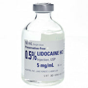 Lidocaine Hydrochloride 0.5% for Injection 50 mL vial on a sterile tray, key for local anesthesia and effective pain management in patients.