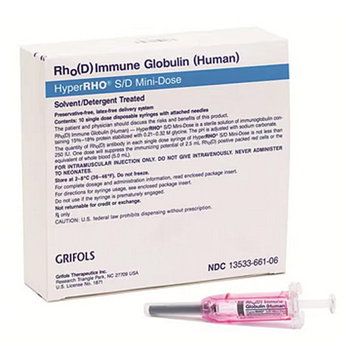 Rho (D) Immune Globulin (Human) HyperRHO S/D Mini-Dose 250 IU (50 MCG) Prefilled Syringes 10/Box (Rx)