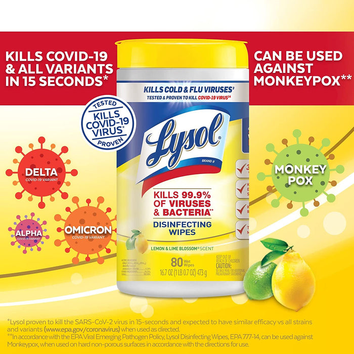 Lysol Disinfectant Wipes, Multi-Surface Antibacterial Cleaning Wipes, For  Disinfecting and Cleaning, Lemon and Lime Blossom, 80 Count