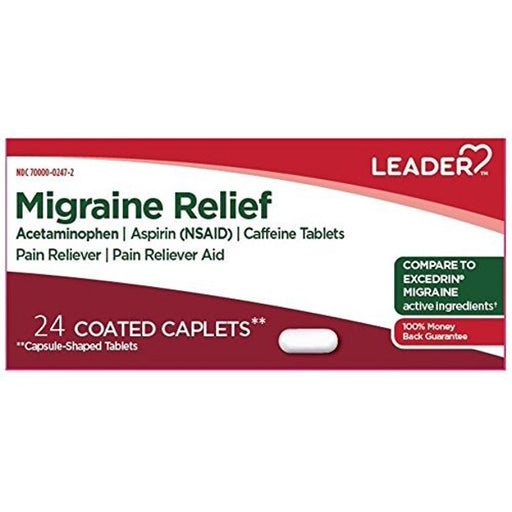 Leader (Comparable to Excedrin) Migraine Headache Pain Relief Medicine 24 Coated Caplets | Mountainside Medical Equipment 1-888-687-4334 to Buy