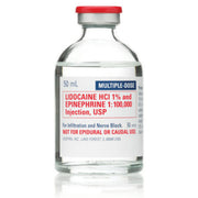 Lidocaine 1% and Epinephrine Injection 1:100,000 vial on a sterile tray, crucial for local anesthesia and minimizing surgical bleeding efficiently.