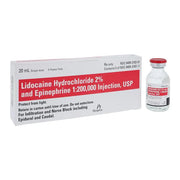 Lidocaine Hydrochloride 2% and Epinephrine 1:200,000 vial on a sterile tray, vital for local anesthesia and reduced bleeding in procedures.