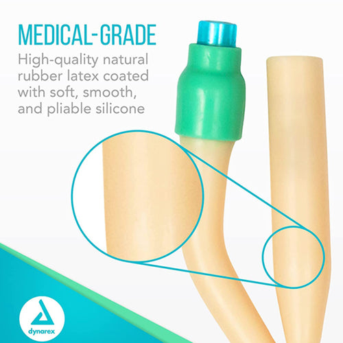 Close-up of Foley Catheter, Medical Grade natural rubber latex, shown with urology supplies for durable and secure patient bladder care.