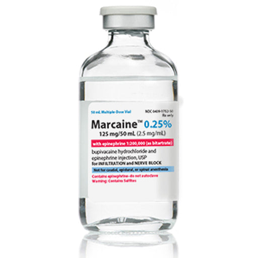 Vial of Marcaine (Bupivacaine Hydrochloride) 125 mg/50 mL with Epinephrine 1:200,000 for local anesthesia and pain control in surgery.