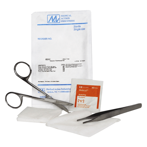 Image of supplies in a Suture Removal Kit with Adson Forcep, Littauer Scissors