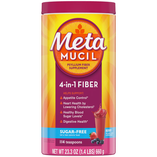 Metamucil Sugar Free MultiHealth Psyllium Fiber Powder Berry Smoothie for digestive health and wellness.