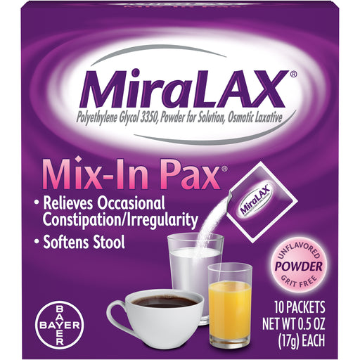 Buy Bayer Healthcare Miralax Mix-In Pax Laxative Powder 17gm Packets 10 ct  online at Mountainside Medical Equipment