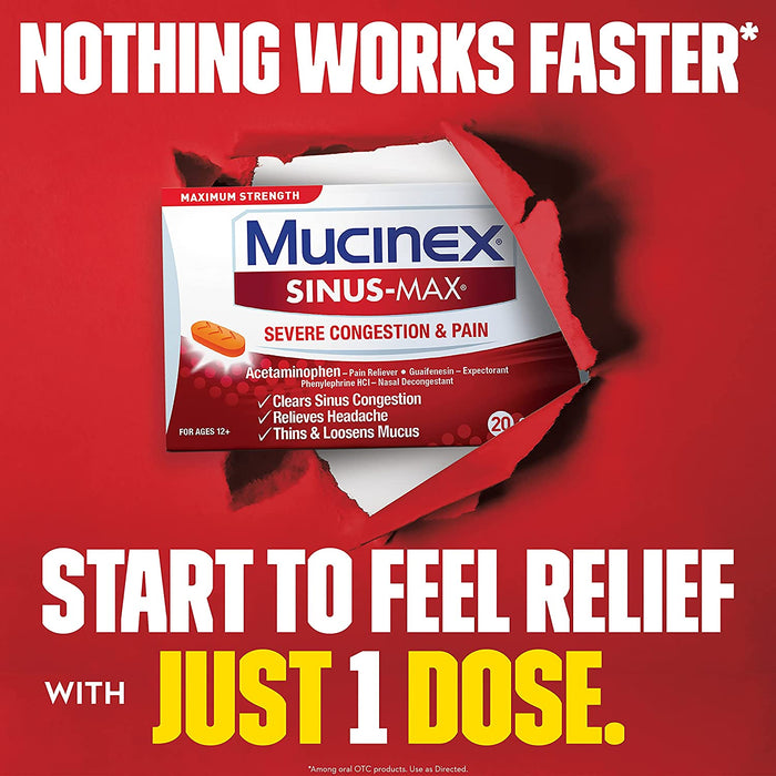 Buy RB Health Mucinex Sinus-Max Severe Congestion & Pain Relief, Thins Mucus 20 Count  online at Mountainside Medical Equipment