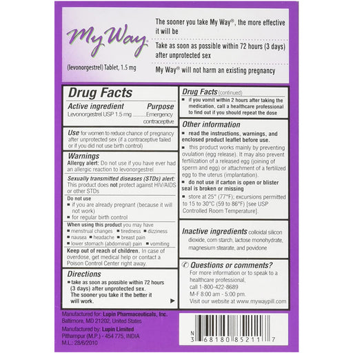 Buy Lupin My Way Emergency Contraceptive 1 Tablet (Compare to Plan B)  online at Mountainside Medical Equipment