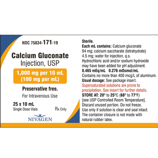 Buy Nivagen Pharma Nivagen Calcium Gluconate for Injection 1000mg per 10 ml vial Single-Dose vials 10 mL x 25/Tray  online at Mountainside Medical Equipment