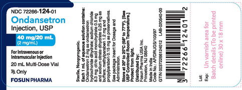 Ondansetron Injection Label showing dosage details for nausea and vomiting management during chemotherapy and post-surgery care.
