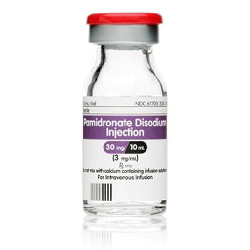 Pamidronate Disodium Injection vial used for treating osteoporosis and cancer-related hypercalcemia, promoting bone health and pain relief.