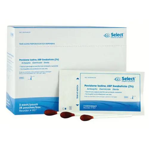 Select Brand Povidone Iodine Solution Swabstick Antiseptic Applicators 3's | Mountainside Medical Equipment 1-888-687-4334 to Buy