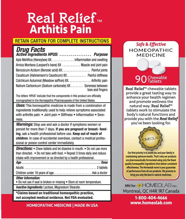Buy Homeolabs USA Real Relief Arthritis Pain Tablets 90 Chewable Tablets Homeopathic Medicine  online at Mountainside Medical Equipment