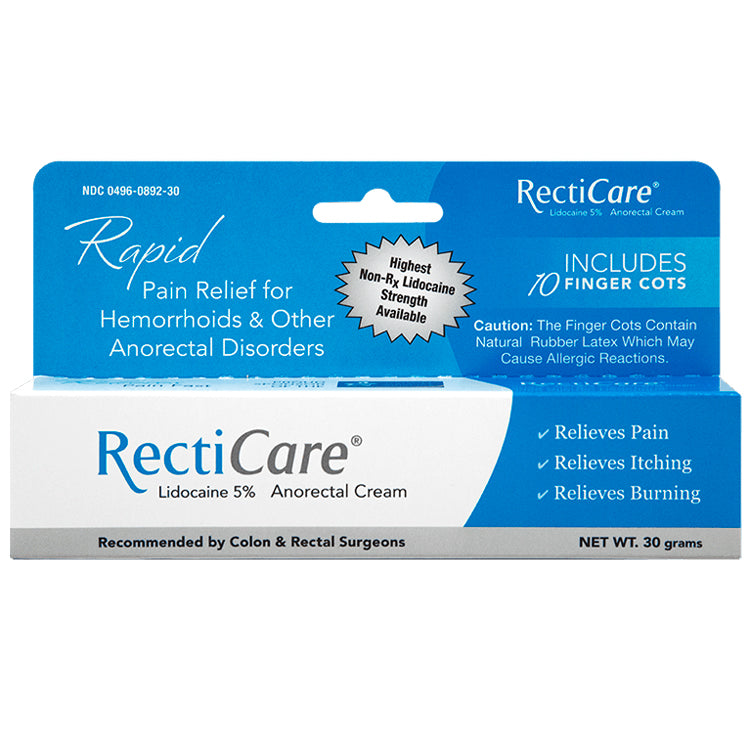 Recticare Anorectal Cream with 5% Lidocaine provides effective relief for anal irritation caused by hemorrhoids, anal fissures, and other anorectal conditions. This anti-itch cream features an analgesic to relieve pain, soothing properties, and includes 10 finger cots. Recticare Anorectal Cream Features: Analgesic Anes