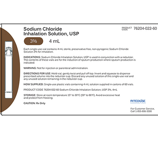 Sodium Chloride for Inhalation | Ritedose Sodium Chloride 0.9% Inhalation Solution 3%, 4mL x 60 Vials Per Carton