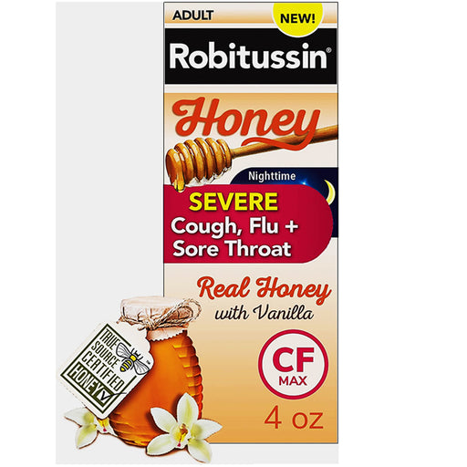 Glaxo Smith Kline Robitussin Honey Severe Cough, Flu & Sore Throat Nighttime CF Max 4 oz | Mountainside Medical Equipment 1-888-687-4334 to Buy