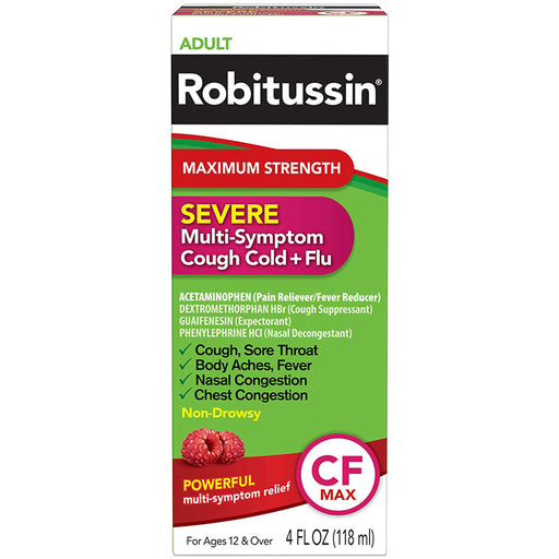 Glaxo Smith Kline Robitussin Severe Cough, Flu & Sore Throat CF Max Raspberry 4 oz | Mountainside Medical Equipment 1-888-687-4334 to Buy