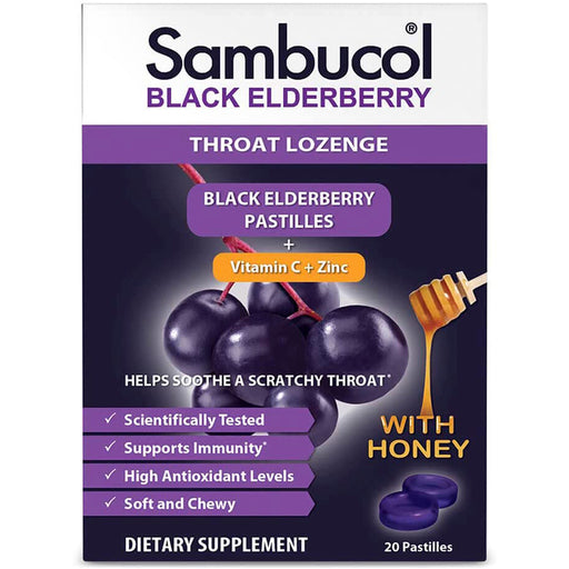 Emerson Healthcare Sambucol Black Elderberry Throat Lozenges Pastilles with Vitamin C & Zinc, 20 Count | Mountainside Medical Equipment 1-888-687-4334 to Buy