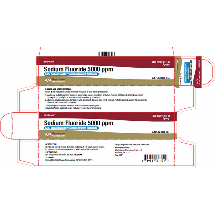 Package label for Sodium Fluoride 5000 Plus 1.1% Toothpaste, 51 gram Spearmint Tube