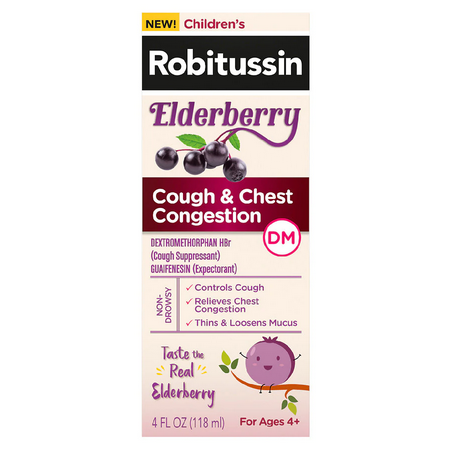 Cold & Sinus Relief Medicine | Children's Robitussin Cough & Chest Congestion Medicine, Elderberry 4oz Bottle