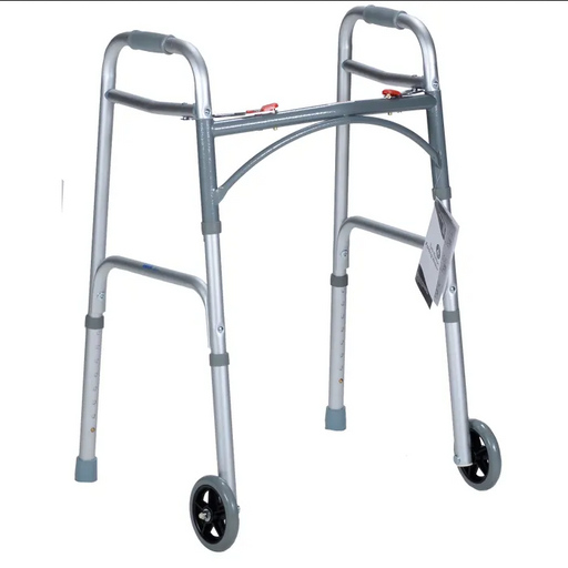 Walker, Adult Two Button Folding with 5 inch Wheels, height adjustable, promotes mobility and joint health