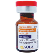 Cyanocobalamin Injection 1000 mcg Vials for B12 support, energy boost, and nerve health, 1 mL x 25/Tray.