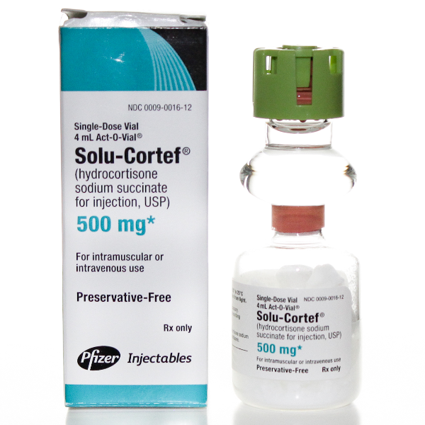 Solu-Cortef for Injection 500 mg Vial, used in acute care for anti-inflammatory support, adrenal function, and immune system health.
