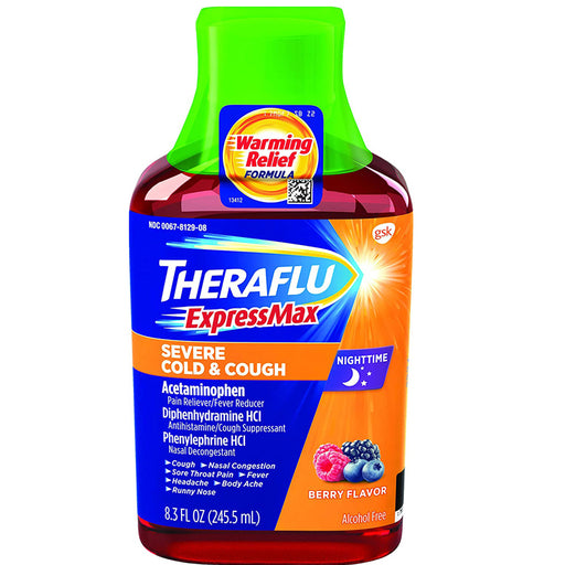 Buy Theraflu ExpressMax Severe Cold & Cough Medicine Nighttime Relief Berry Flavor 8.3 oz used for Cold Medicine
