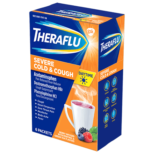 Cold and Flu Medicine, | Theraflu Multi-Symptom Severe Cold & Cough Daytime Berry and Green Tea Packets 6 ct