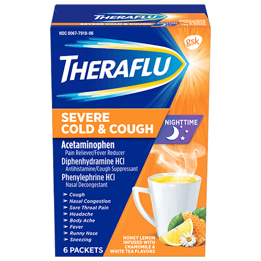 Cold and Flu | Theraflu Multi-Symptom Severe Cold & Cough Nighttime Honey Lemon & Chamomile Packets 6 ct
