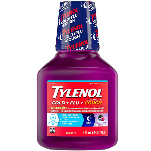 Johnson & Johnson Tylenol Cold + Flu + Cough Night Liquid Medicine Wild Berry 8 oz | Mountainside Medical Equipment 1-888-687-4334 to Buy