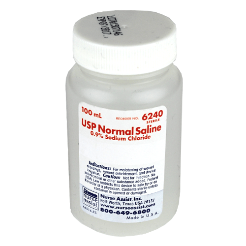 Sterile Normal Saline Irrigation Solution in use for wound care; promotes healing and reduces infection.