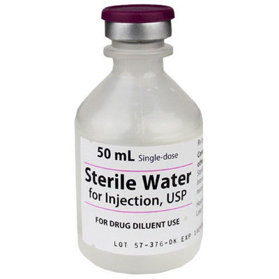 Sterile Water for Injection 50 mL Vial on a sterile surface, crucial for drug dilution and ensuring aseptic conditions in healthcare.